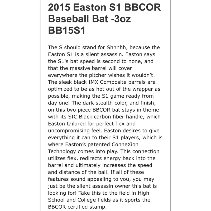2015 Easton S1 BBCOR -3 Baseball Bat