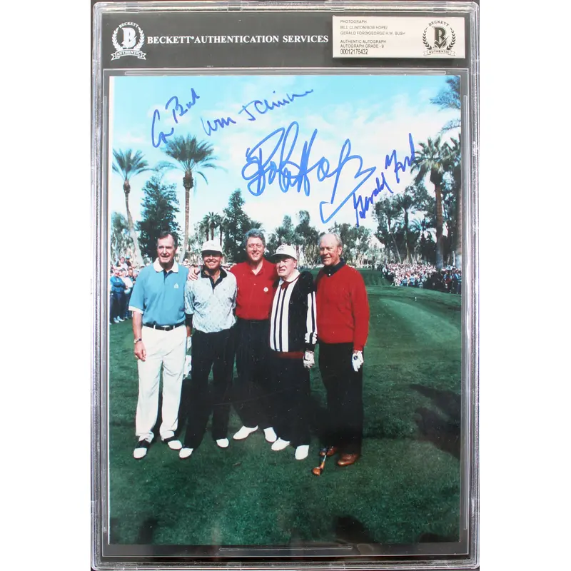 (4) Clinton, Bush, Ford & Bob Hope Signed 8x10 Photo Autos Graded 9! BAS Slabbed