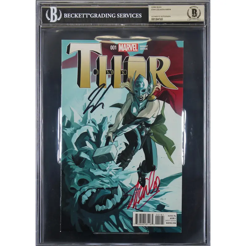 Stan Lee & Jason Aaron Signed Thor 001 Variant Edition Comic BAS Slabbed