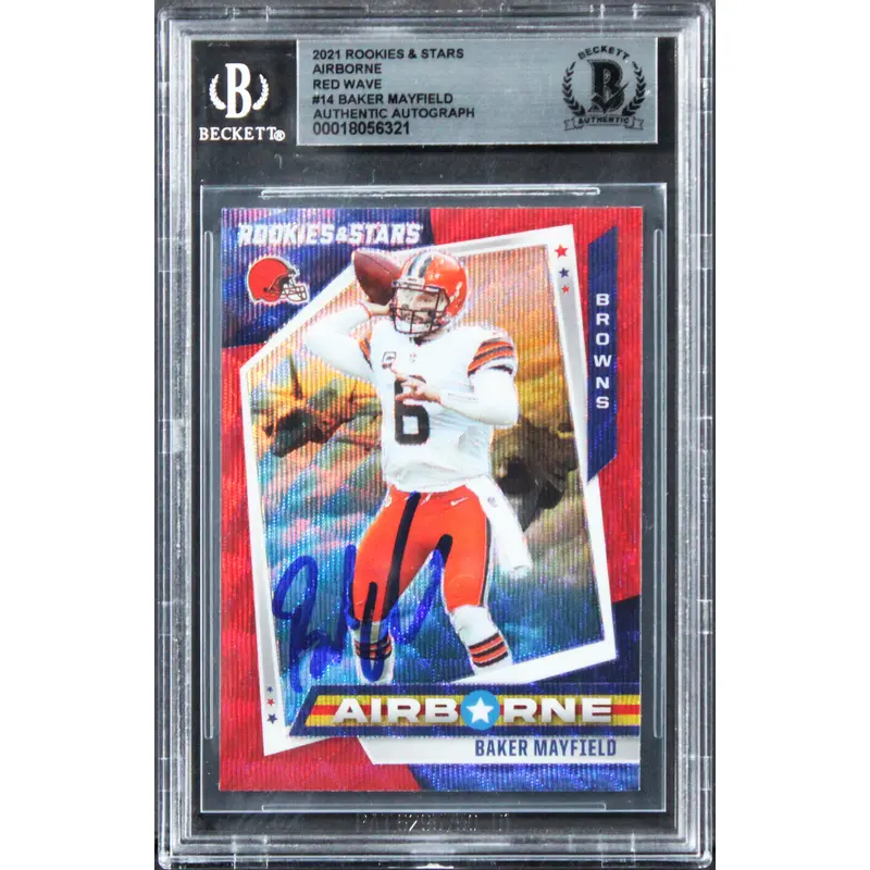Baker Mayfield Signed 2021 Rookies & Stars Airborne Red Wave #14 Card BAS Slab