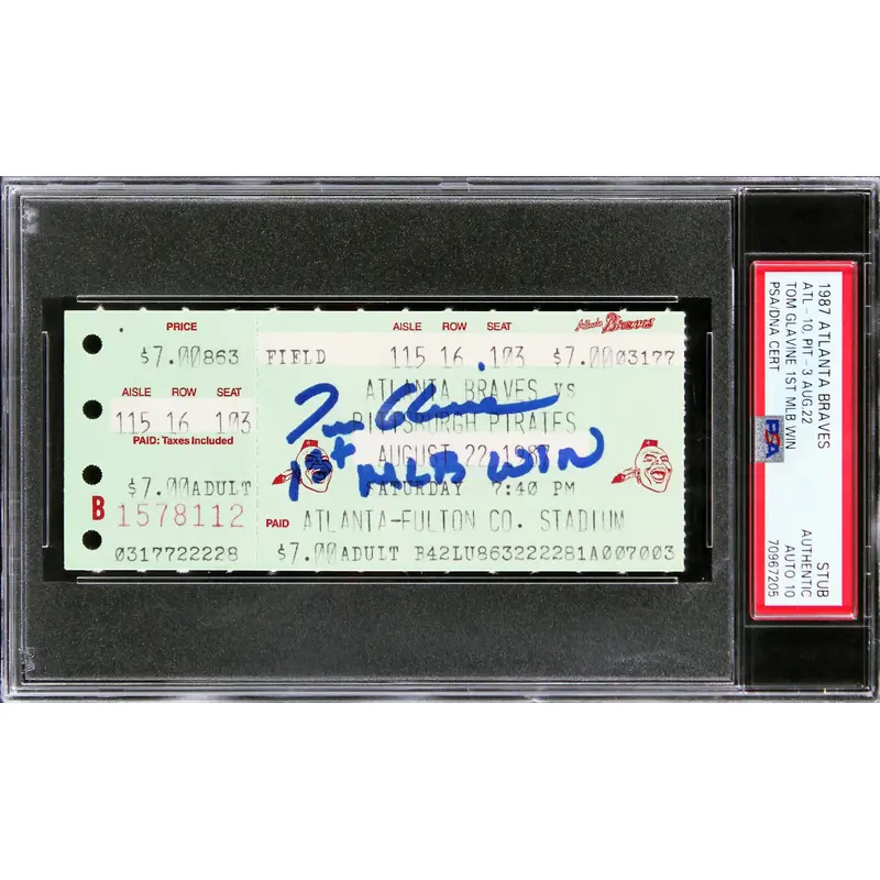 Braves Tom Glavine "1st MLB Win" Signed 1987 Ticket Stub Auto 10! PSA Slabbed