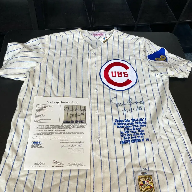 Ernie Banks "Mr. Cub" Signed Authentic Chicago Cubs STAT Jersey JSA COA