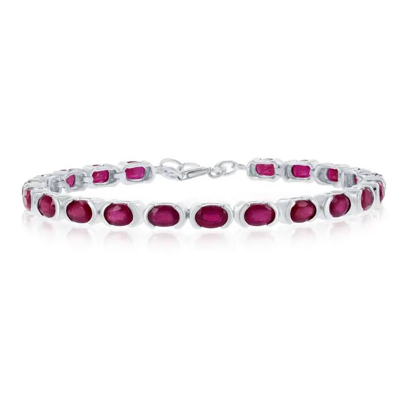 Sterling Silver, 6x4mm Oval, Gem Tennis Bracelet, 14.5cttw Glass Filled Ruby