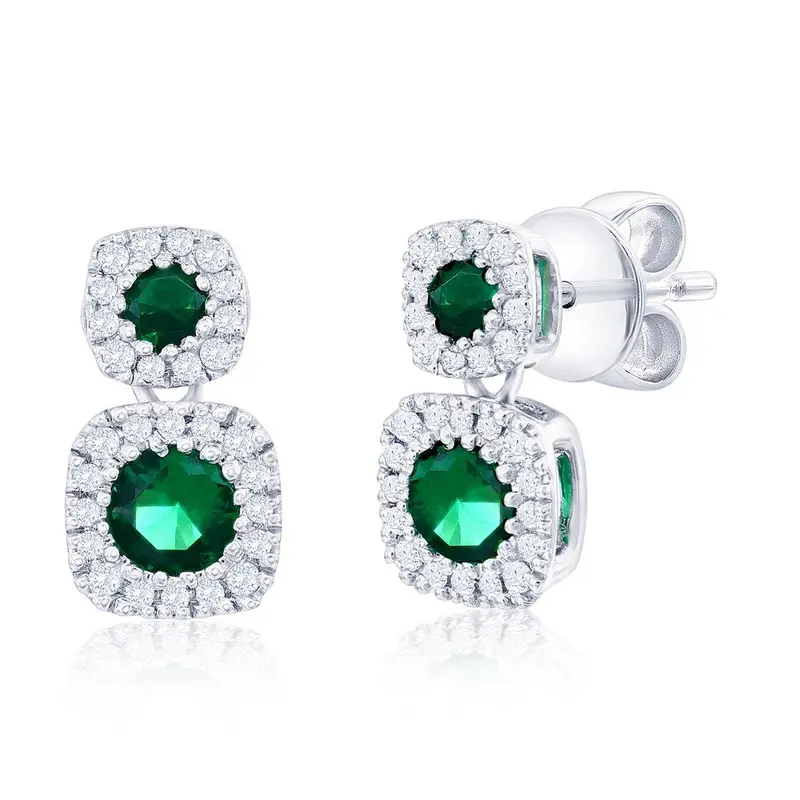 Sterling Silver, Lab-Grown 0.38ct Emerald & 0.12ct Natural Diamond Earrings - (60 Stones)