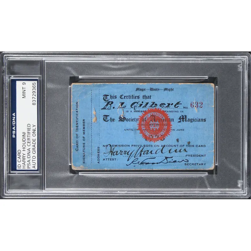 Harry Houdini Signed 2.5x4 Society Of American Magicians ID Card Auto 9 PSA Slab
