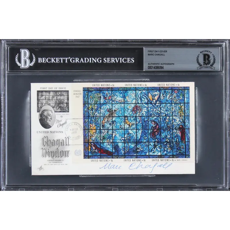 Marc Chagall Authentic Signed 3.65x6.5 1967 First Day Cover Auto 9! BAS Slabbed