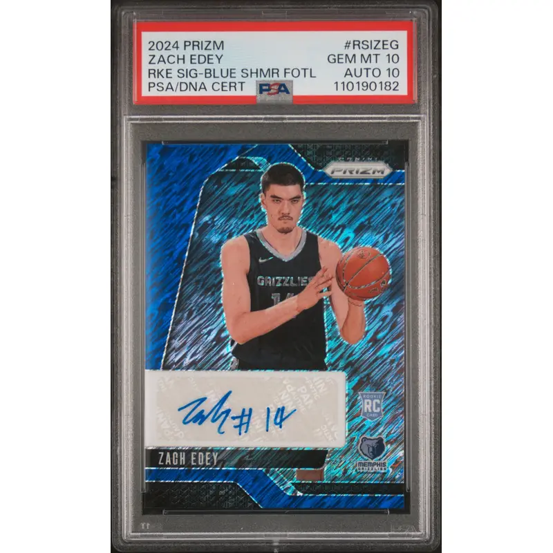 Zach Edey 2024 Panini Prizm Blue Shimmer FOTL Rookie Auto #6/25 PSA 10 Auto 10
