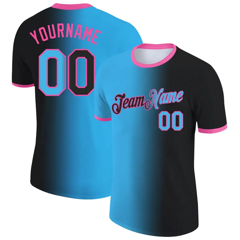 Custom Black Sky Blue-Pink Gradient Fashion Performance T-Shirt