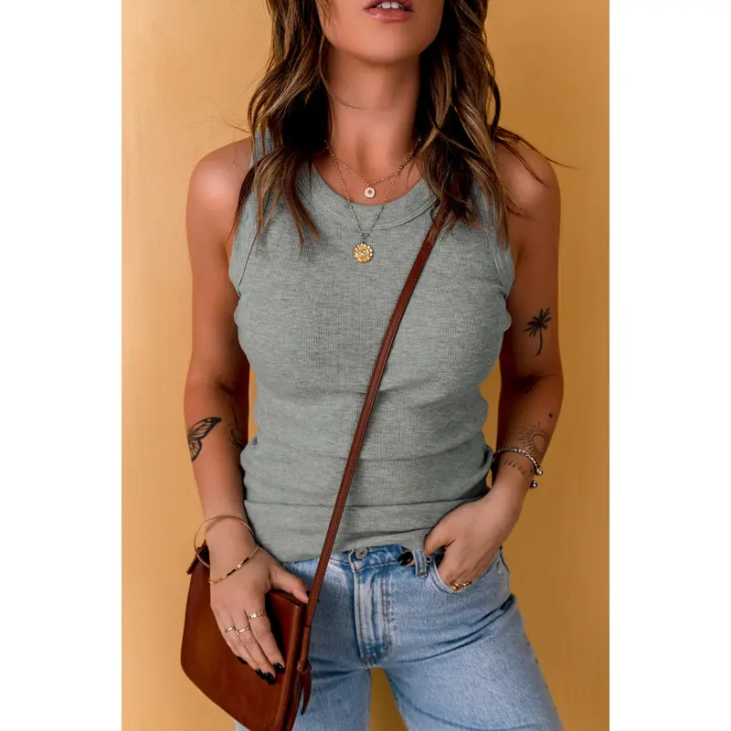 Solid Gray Round Neck Ribbed Tank Top