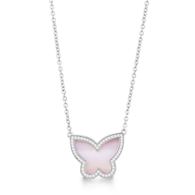 Sterling Silver CZ Outline Butterfly with Pink MOP Necklace
