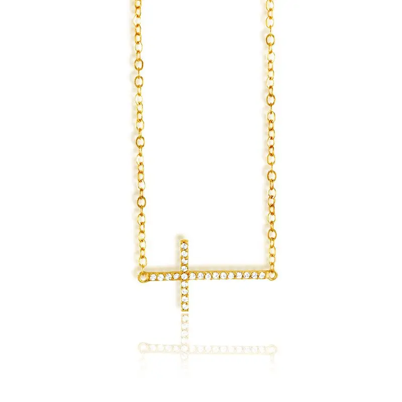 Sterling Silver Sideways CZ Cross Necklace - Gold Plated