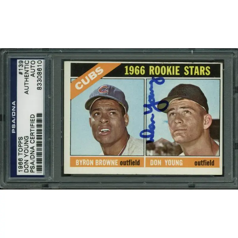 Cubs Don Young Authentic Signed Card 1966 Topps Rc #139 PSA/DNA Slabbed