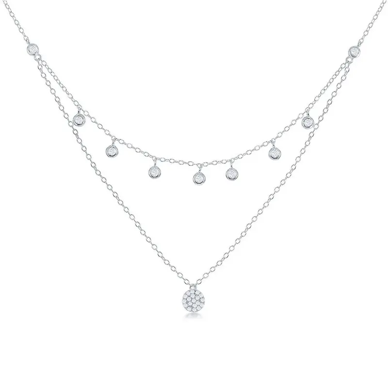 Sterling Silver Double Strand Bezel-set CZ with Micro Pave Disc Necklace