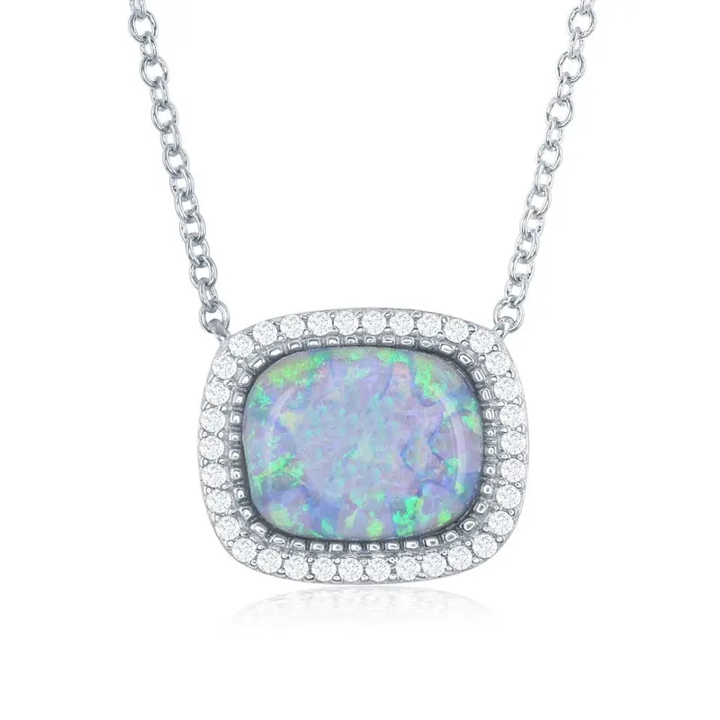 Sterling Silver Square Opal with CZ Border Necklace