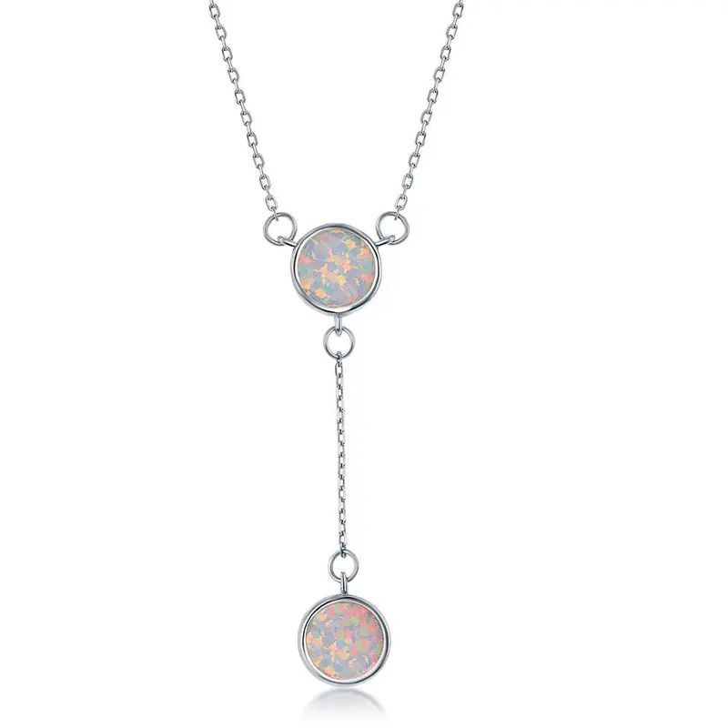 Sterling Silver  White Inlay Opal Double Disc Lariat Necklace