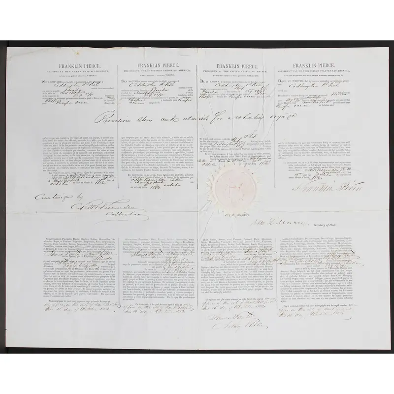 Franklin Pierce Signed 17x22 1856 4 Language Ship's Passport BAS #AE13259