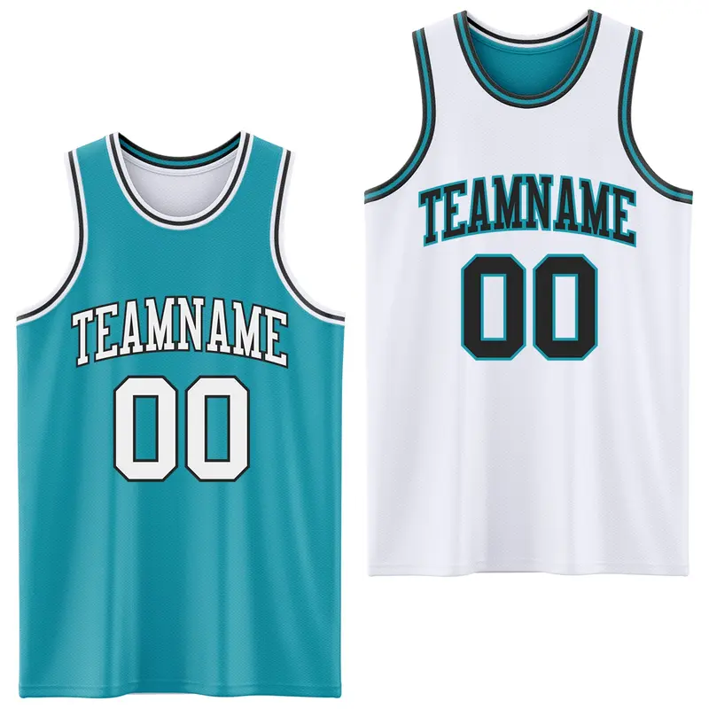 Custom Reversible Teal White-Black Double Side Sublimation Basketball Suit Jersey
