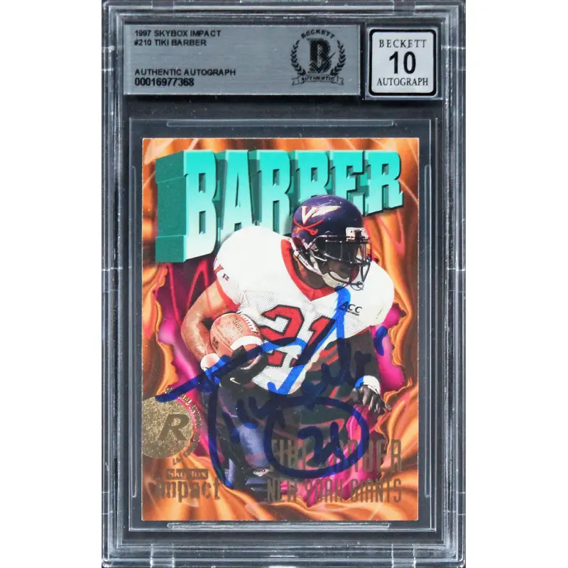 Giants Tiki Barber Signed 1997 Skybox Impact #210 Card Auto 10! BAS Slabbed