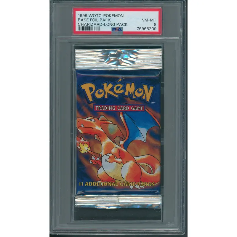 1999 WOTC Pokemon Base Unopened Foil Long Pack Charizard PSA 8 (*8209)