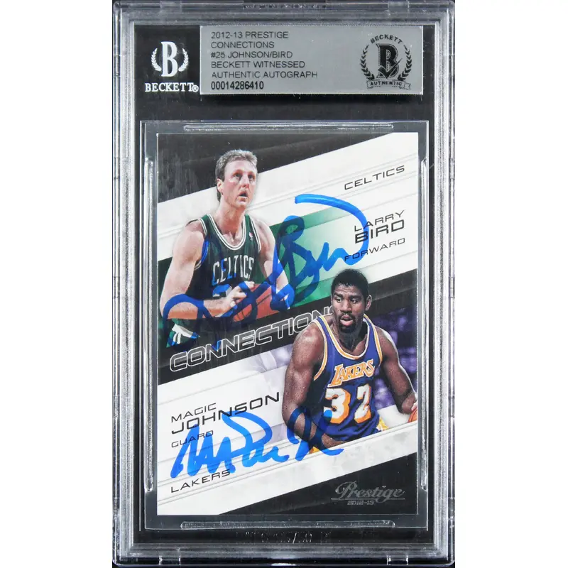 Magic Johnson & Larry Bird Signed 2012 Prestige Connections #25 Card BAS Slabbed