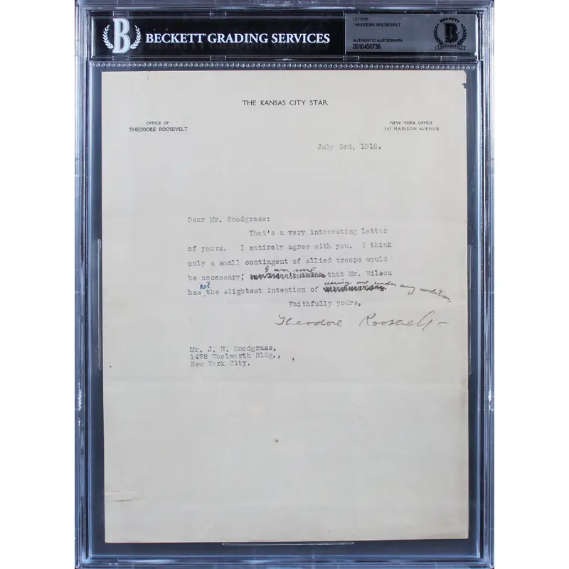 Theodore Roosevelt Authentic Signed 8.5x11 Letter Dated July 3rd, 1918 BAS Slab