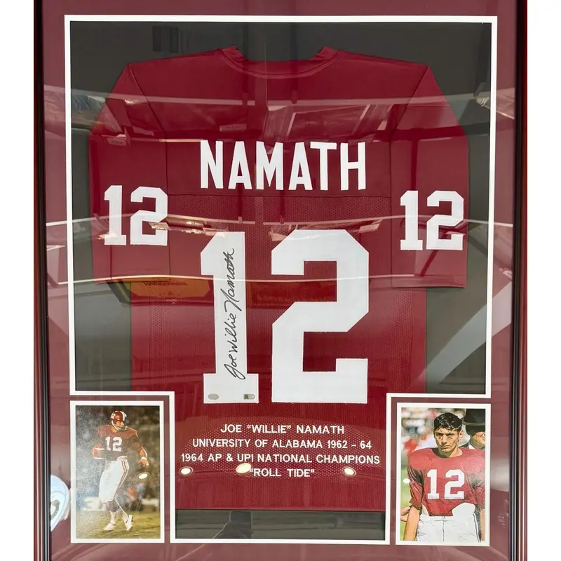 Joe Namath Autographed Alabama (Crimson #12 STAT Embroidered) Deluxe Framed Jersey - JSA