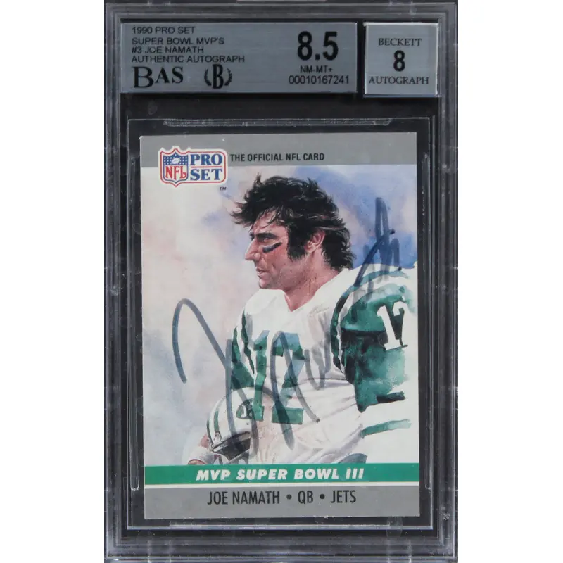 Jets Joe Namath Signed 1990 Pro Set SB MVPS #3 Card NM-MT 8.5 Auto 8 BAS Slabbed