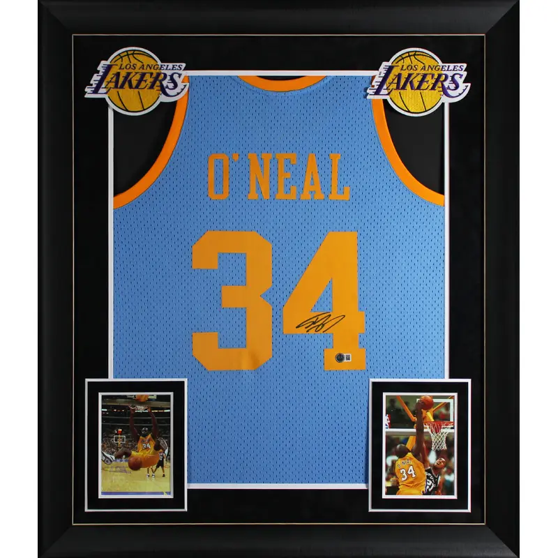 Lakers Shaquille O'Neal Signed Blue 2001-02 TB M&N HWC Framed Jersey BAS Witness