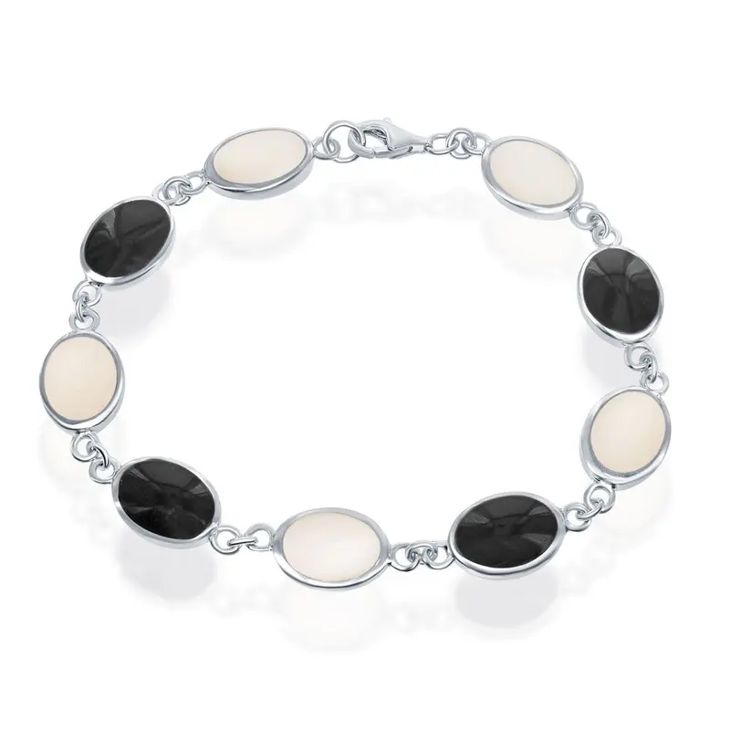 Sterling Silver, Alternating MOP & Onyx Ovals Bracelet