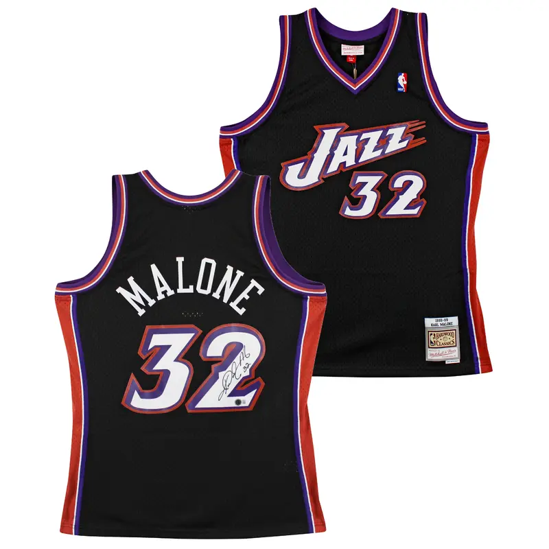Jazz Karl Malone Signed 1998-99 Black Mitchell & Ness Swingman Jersey BAS Wit