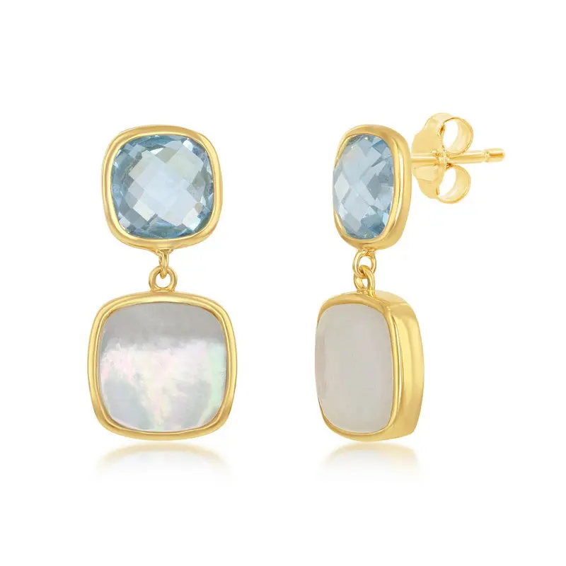 Sterling Silver Double Square Blue Topaz and Mother of Pearl Earrings - Gold Plated