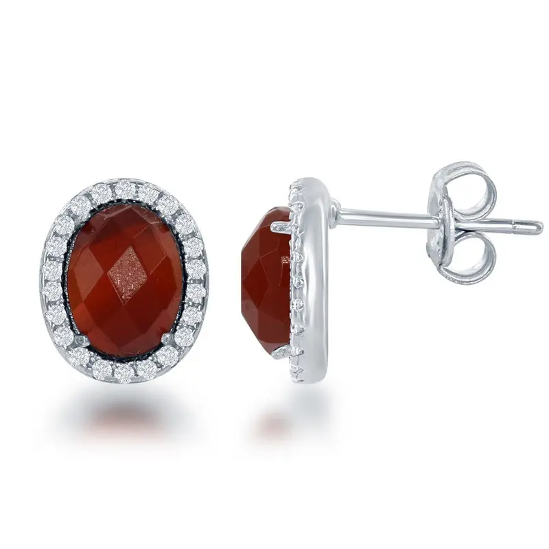 Sterling Silver Oval Red Carnelian with CZ Border Stud Earrings