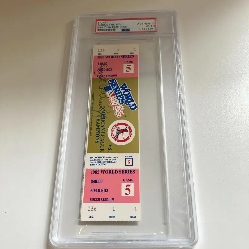 August A Busch St Louis Cardinals Owner Signed 1985 World Series Ticket PSA DNA