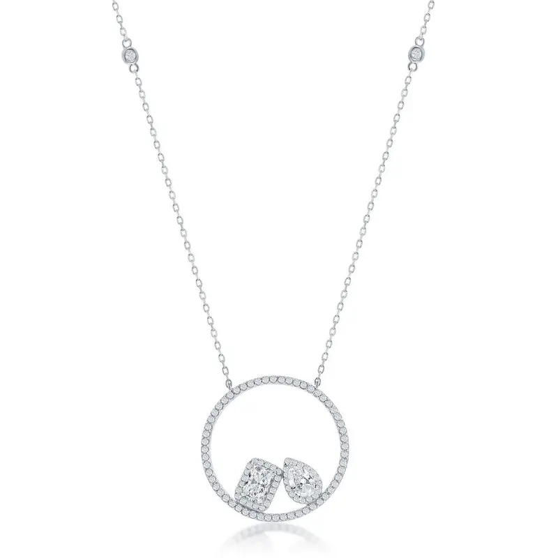 Sterling Silver Rectangle & Pearshaped CZ Circle Necklace
