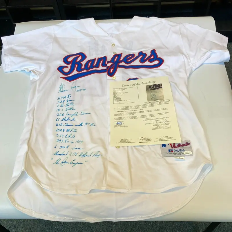 Nolan Ryan Signed Heavily Inscribed Texas Rangers Game Model STAT Jersey JSA COA