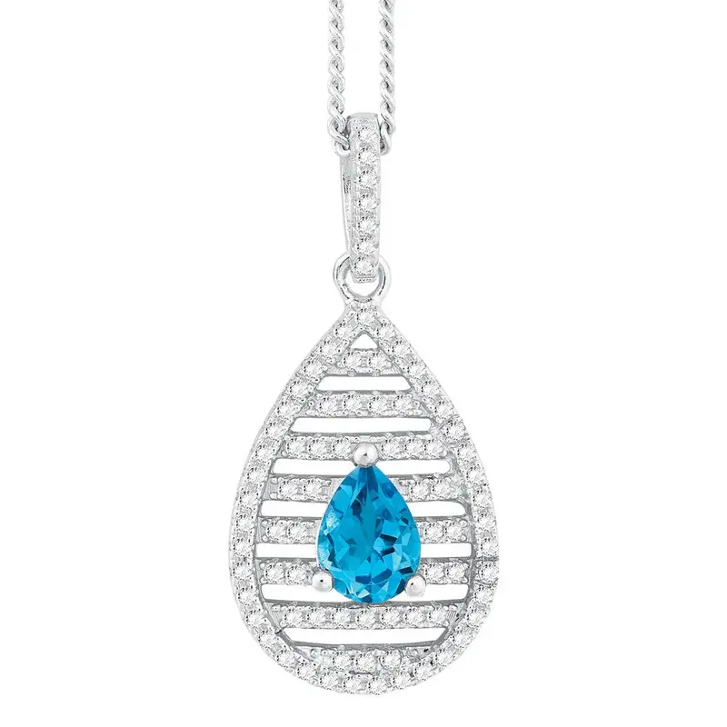 Sterling Silver .805 ct Pear Swiss Blue Topaz with .64 ct White Topaz Necklace