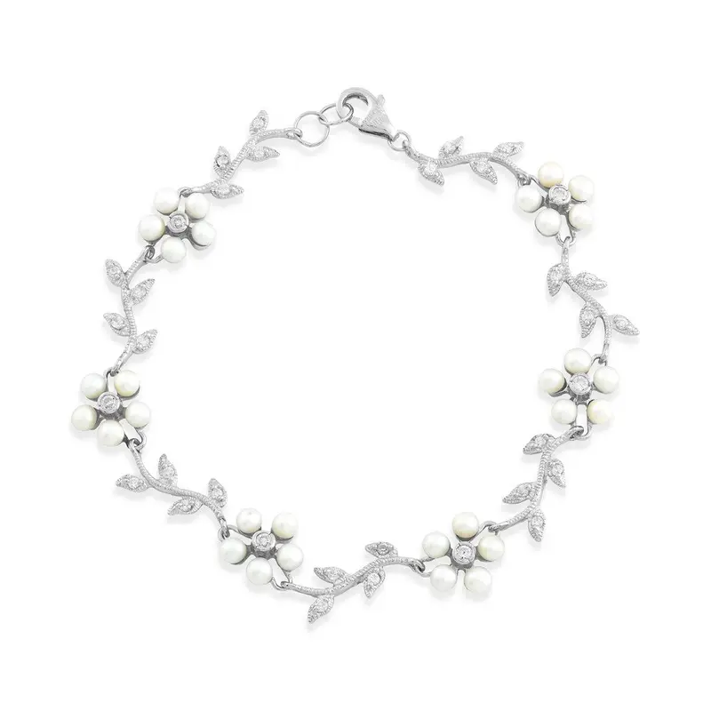 Sterling Silver Alternating White FWP Flowers & Clear CZ Leaves On Branch Bracelet