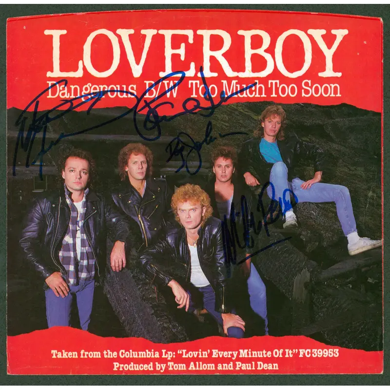 Loverboy (4) Reno, Dean, Johnson +1 Signed 45 RPM Album Cover BAS #AB77928