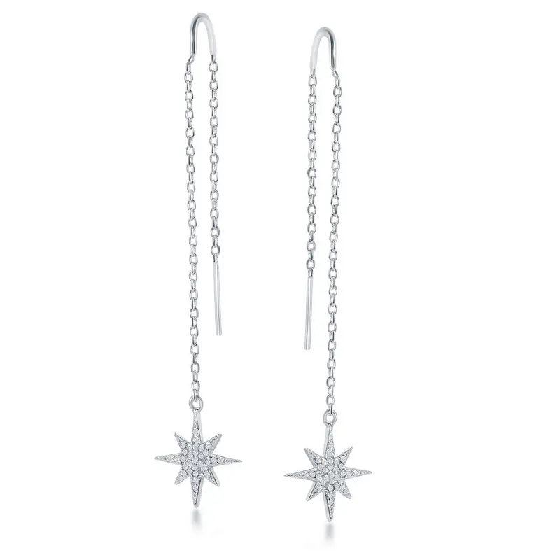 Sterling Silver CZ Starburst w/ Chain & Hanging Bar Threader Earrings