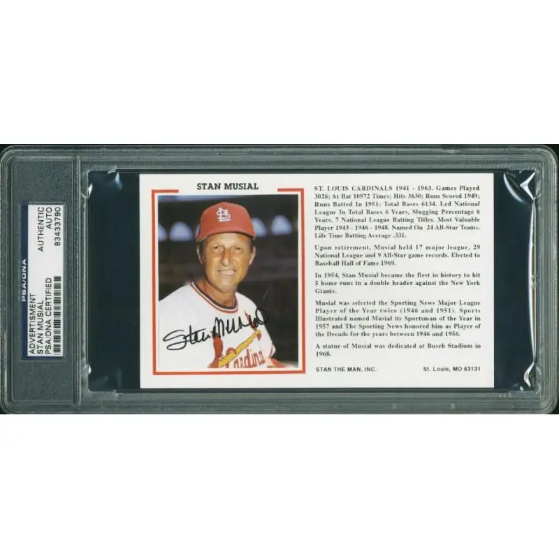 Cardinals Stan Musial Authentic Signed 3.75X6 Advertisement PSA/DNA Slabbed