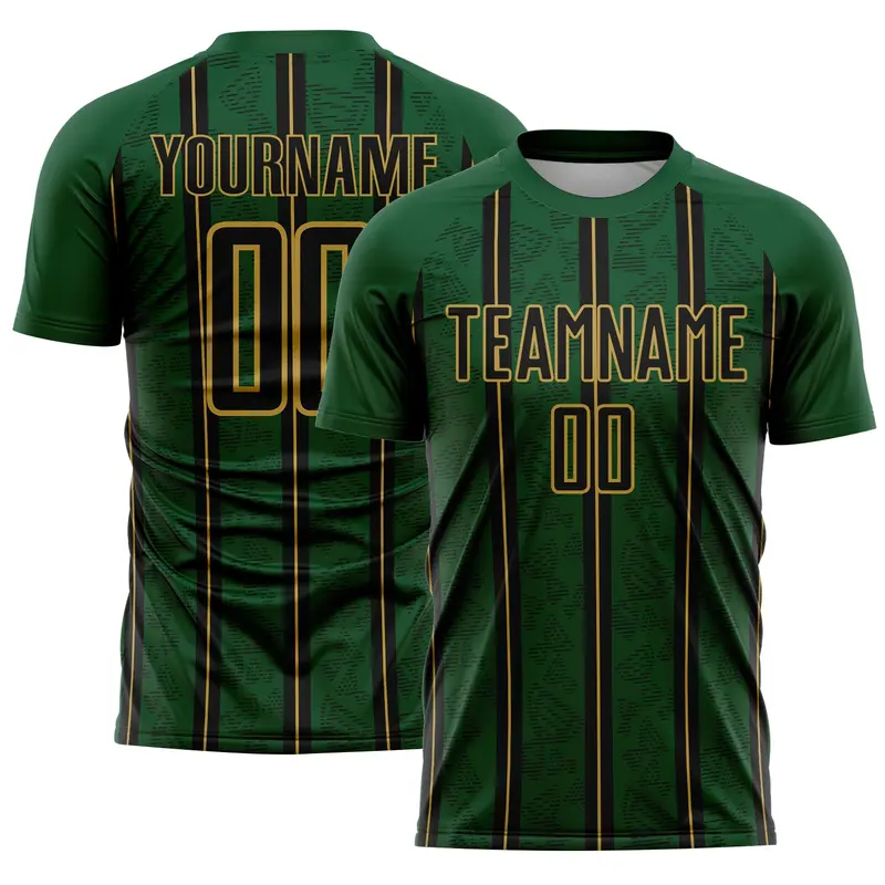 Custom Green Black-Old Gold Stripe Line Sublimation Soccer Uniform Jersey