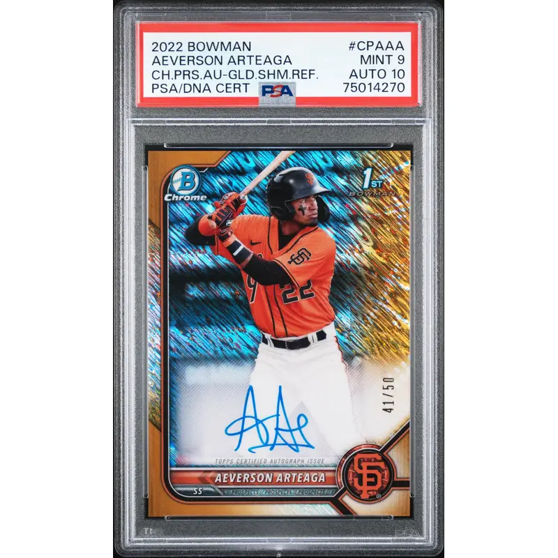Aeverson Arteaga 2022 Bowman Gold Shimmer Auto #41/50 PSA 9 Auto 10