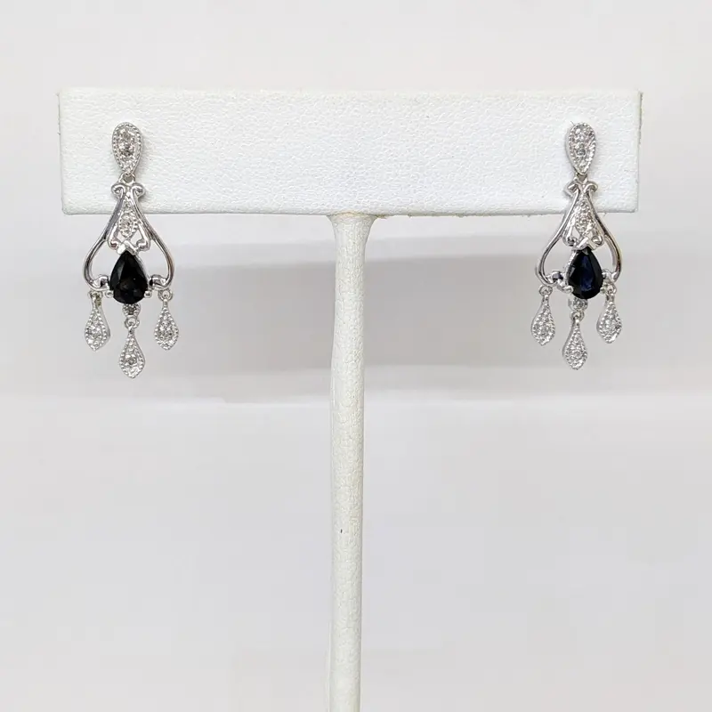 14K WHITE SAPPHIRE PEAR (2) 4X6 WITH (12) MELEE ESTATE DANGLE EARRINGS 4.1 GRAMS