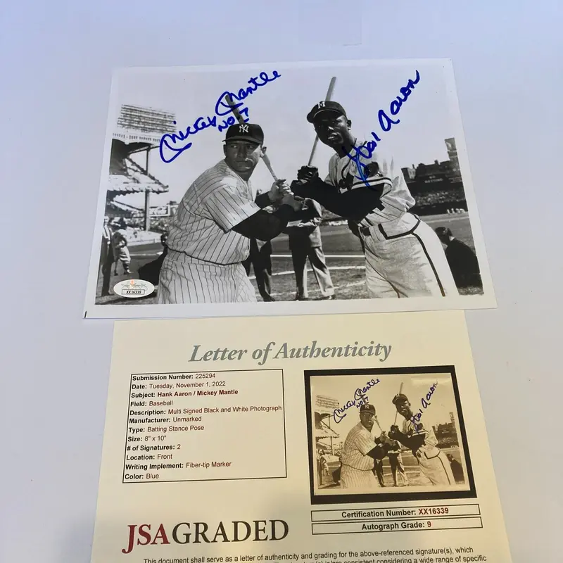 Mickey Mantle & Hank Aaron Signed 8x10 Photo JSA Graded 9 MINT