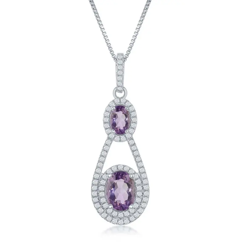 Sterling Silver Double Oval 0.65ctw White Topaz Oval 1.6ctw Amethyst Necklace