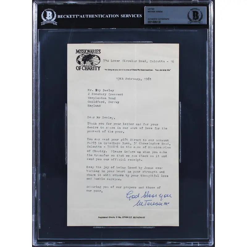 Mother Teresa Authentic Signed 5.5x9 Letter Dated February 13, 1981 BAS Slabbed