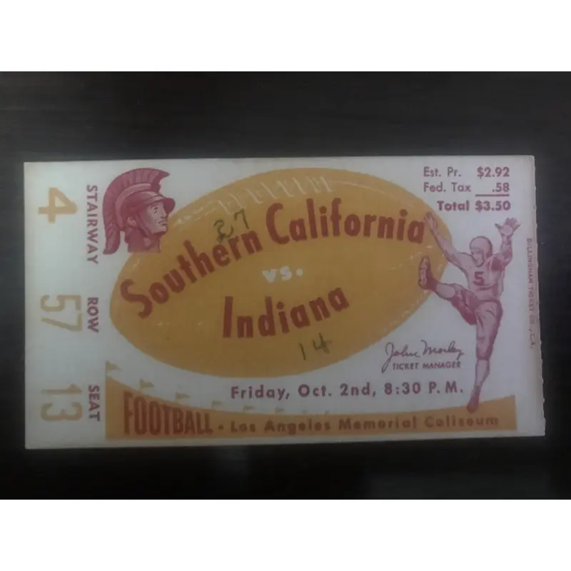 1953 Indiana University vs USC Football Ticket Stub