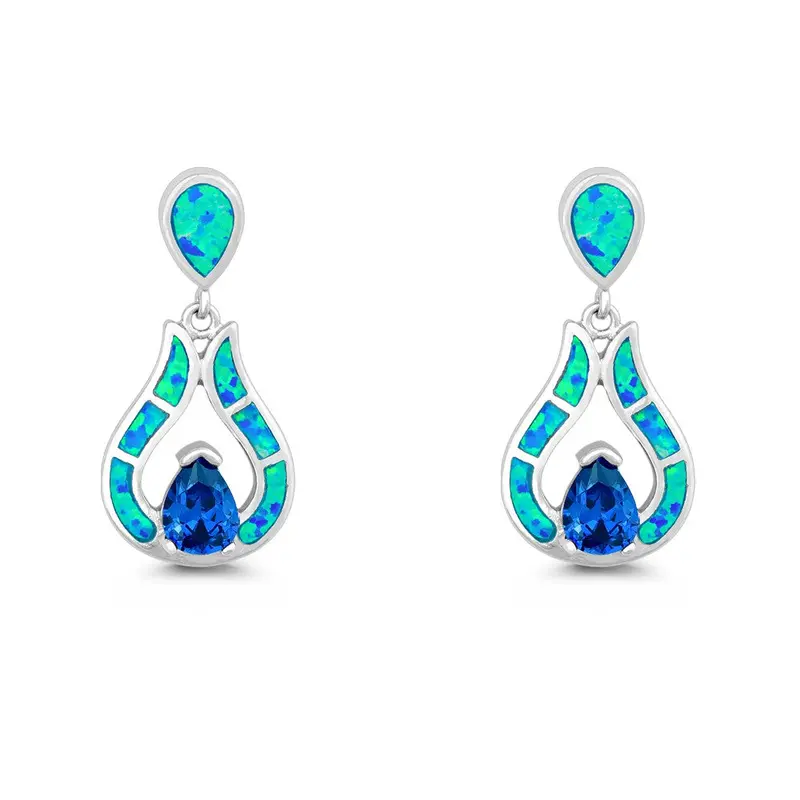 Sterling Silver Blue Inlay Opal Teardrop with Center Blue CZ Earrings
