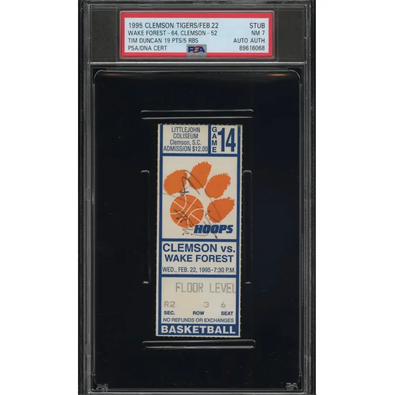 Tim Duncan Signed Ticket PSA NM 7 AUTO AUTH 1995 Wake Forest vs Clemson