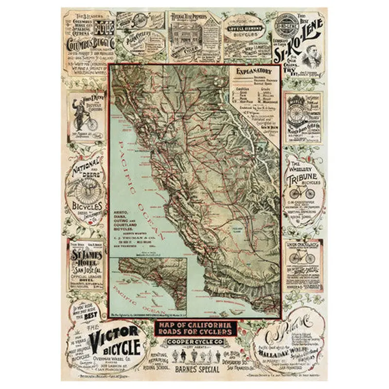 Map of California 1896 "Roads for Cyclers" HUGE Vintage Poster Reprint - McGaw Graphics